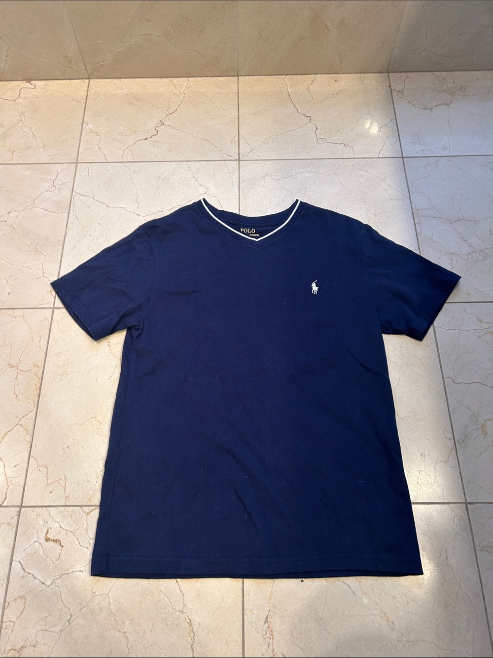Polo by Ralph Lauren Navy V-Neck Short Sleeve Tee with White Logo